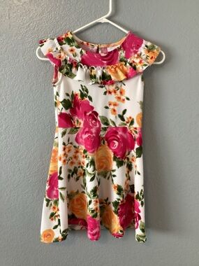 The Childrens Place Girls Floral Ruffle Dress - White with Pink & Yellow Roses